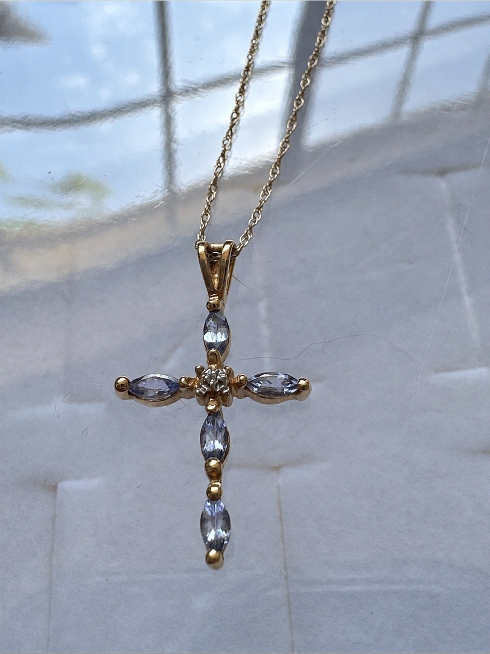 14K Gold Amethyst & Natural Diamond Cross Pendant 10K White Gold Necklace